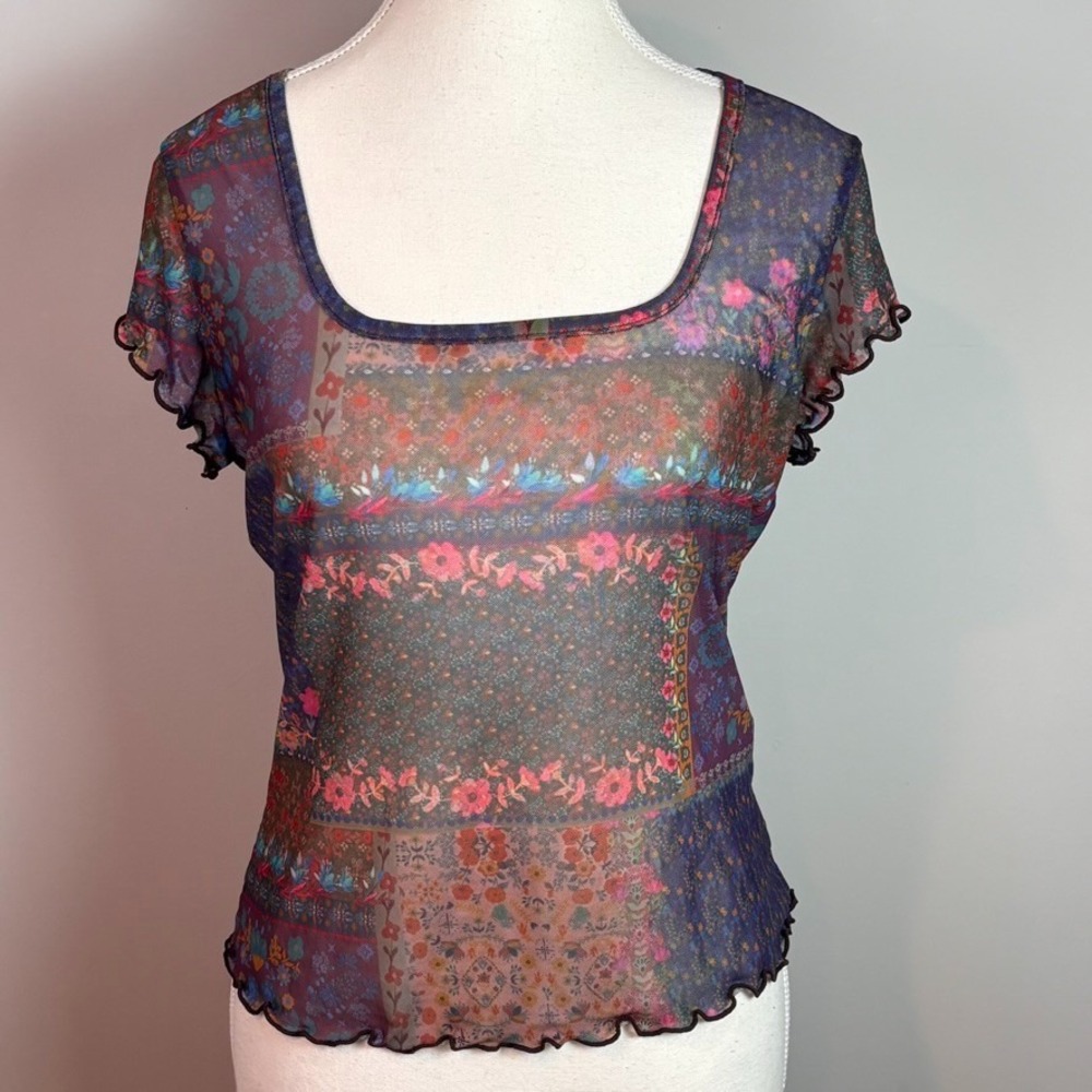 natural life womens semi-sheer mesh short sleeve vintage floral patchwork tee LG